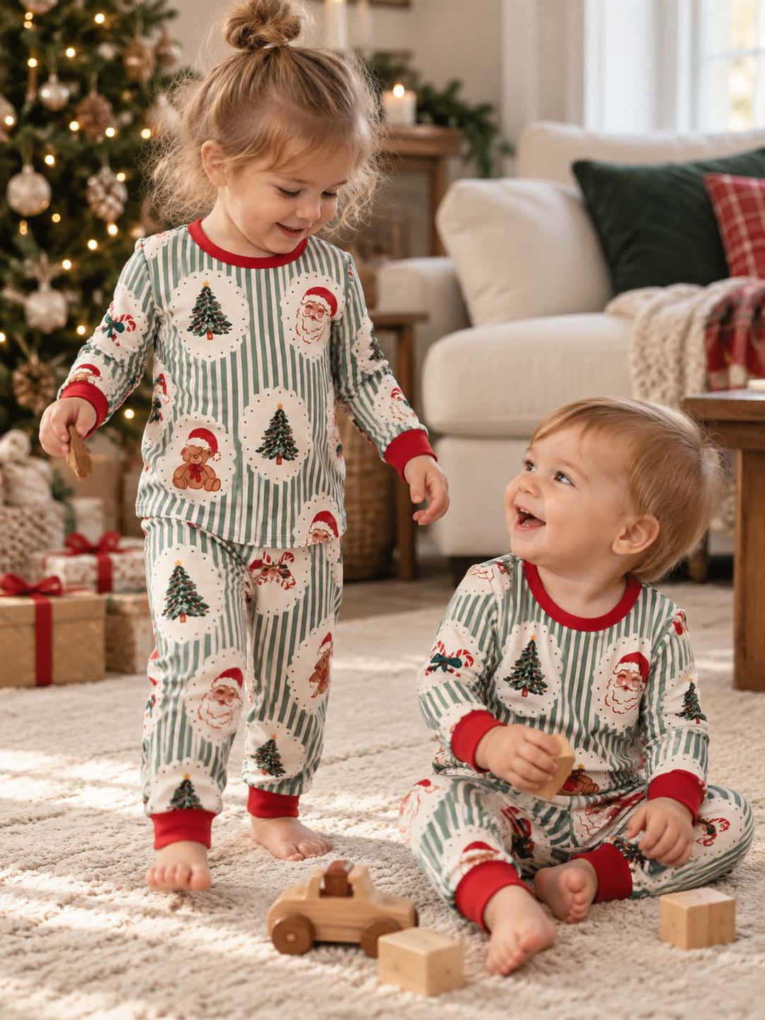 Vintage Christmas Stripes Bamboo Two Piece Long Sleeve Pajama Set