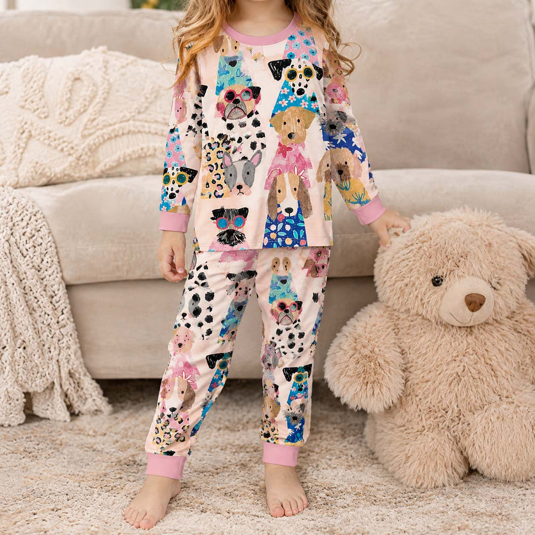 Vintage Dog Stamps Bamboo Two Piece Long Sleeve Pajama Set