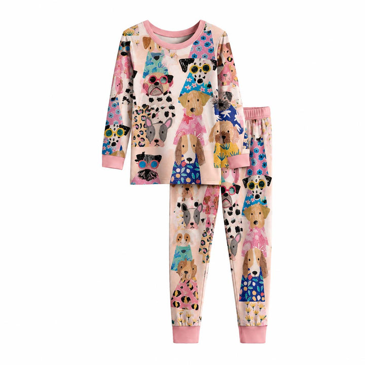 Vintage Dog Stamps Bamboo Two Piece Long Sleeve Pajama Set