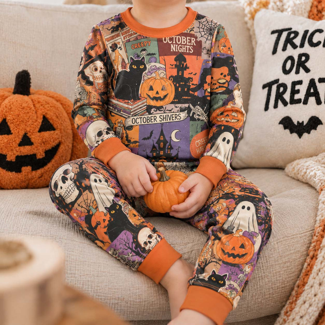 Vintage October Shivers Halloween Bamboo Two Piece Long Sleeve Pajama Set