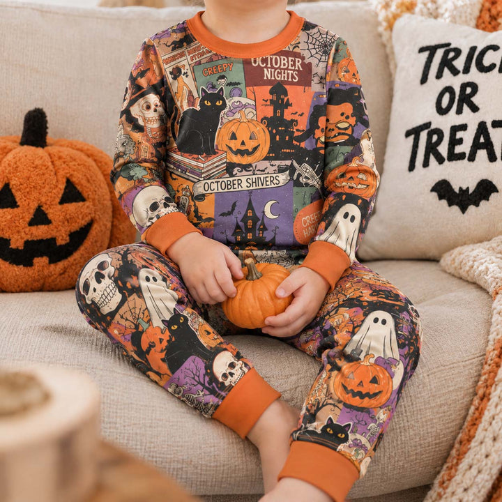 Vintage October Shivers Halloween Bamboo Two Piece Long Sleeve Pajama Set