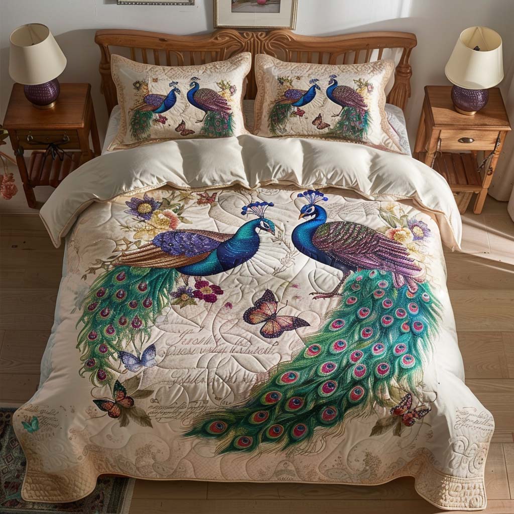 Vintage Peacock Butterfly Garden Bamboo Quilt Bedding Set