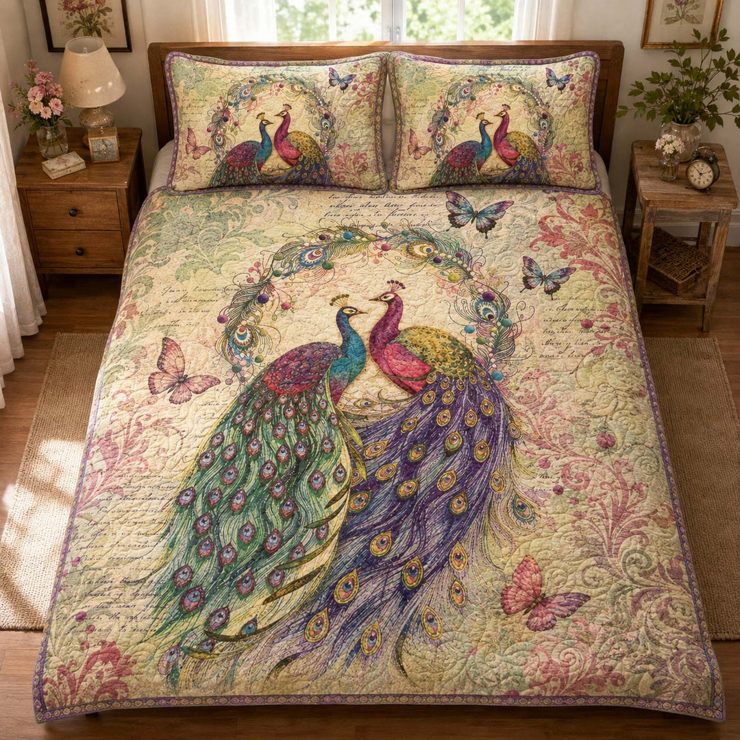 Vintage Peacock Butterfly Romance Bamboo Quilt Bedding Set