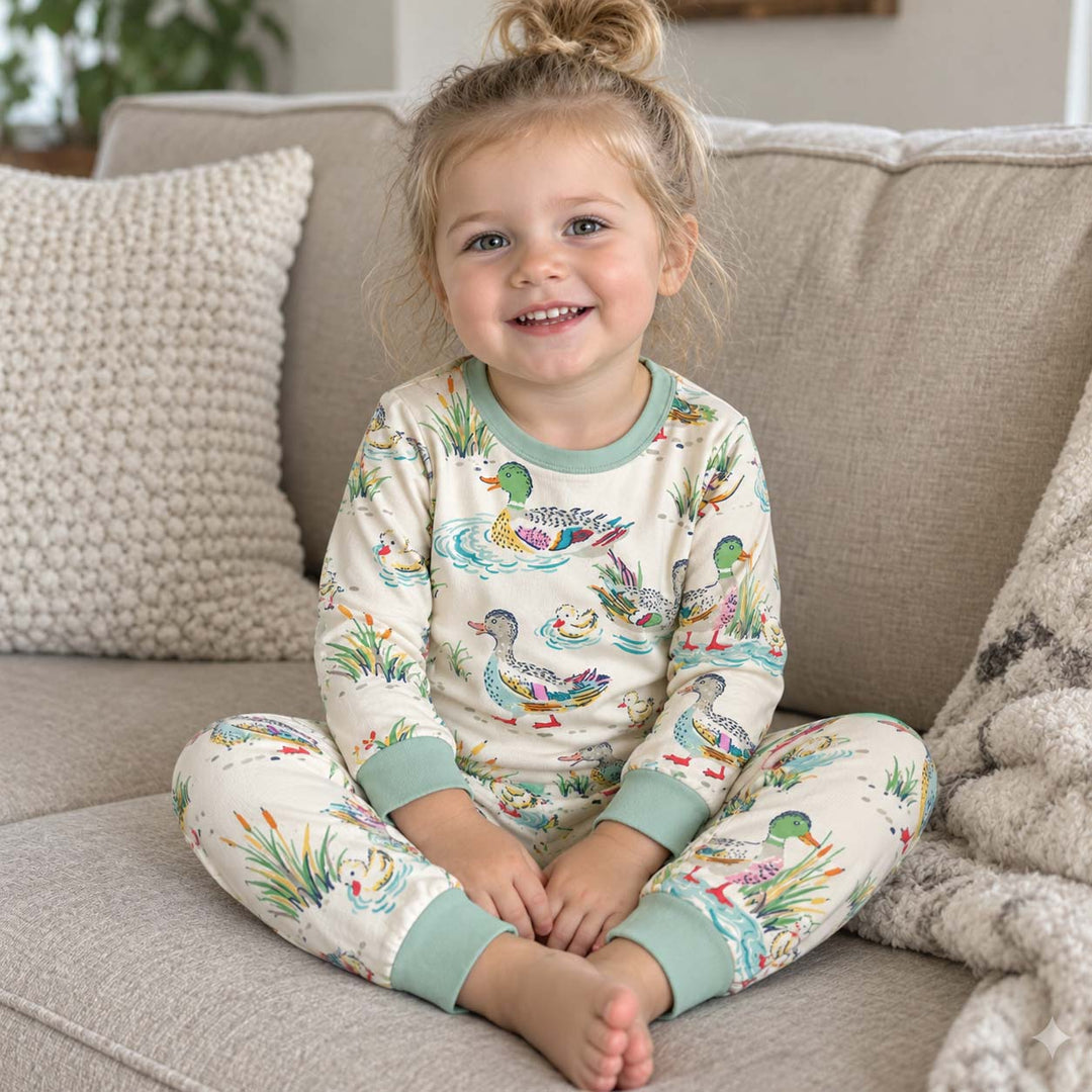 Vintage Pond Duck Family Bamboo Two Piece Long Sleeve Pajama Set