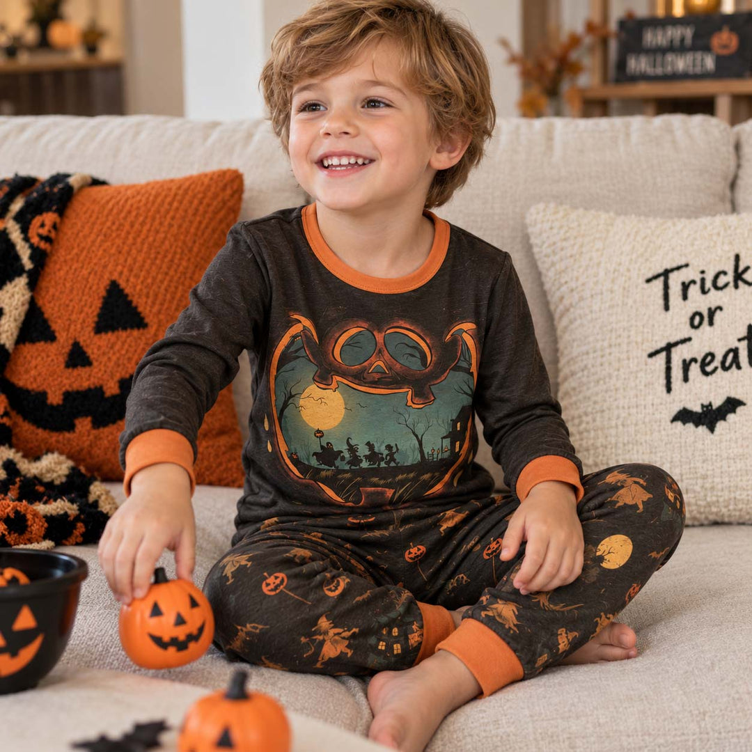Vintage Pumpkin Halloween Night Bamboo Two Piece Long Sleeve Pajama Set