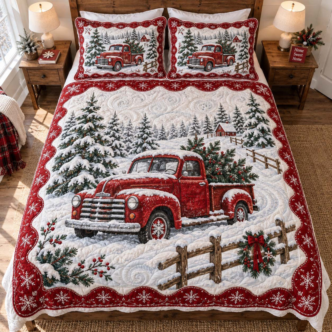 Vintage Red Truck Winter Farm Bamboo Quilt Bedding Set