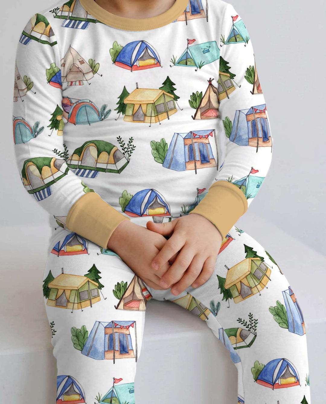 Watercolor Camping Tents Bamboo Two Piece Long Sleeve Pajama Set