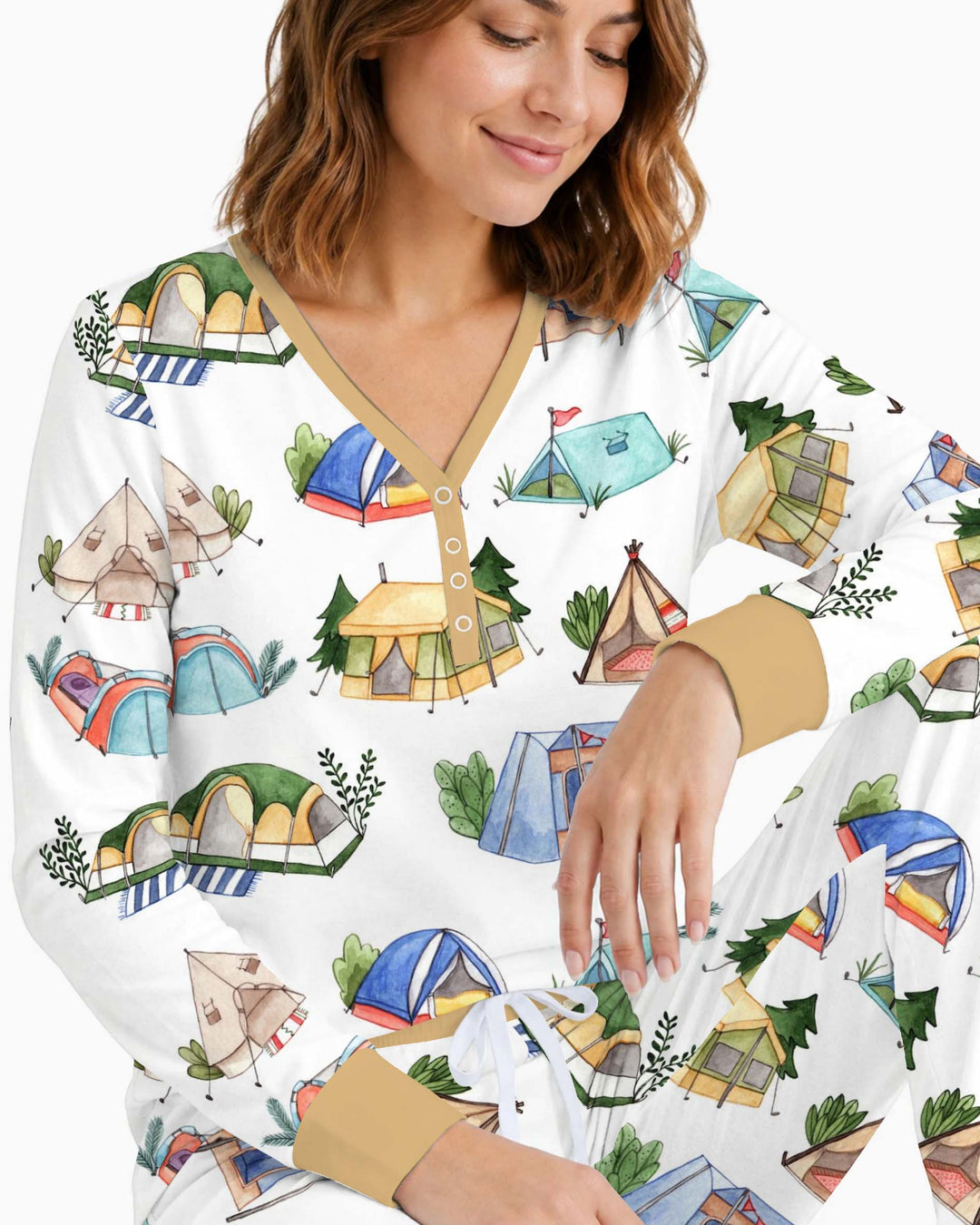 Watercolor Camping Tents Bamboo Women Pajama Set