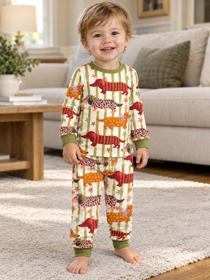 Whimsical Dachshund Bow Bamboo Two Piece Long Sleeve Pajama Set