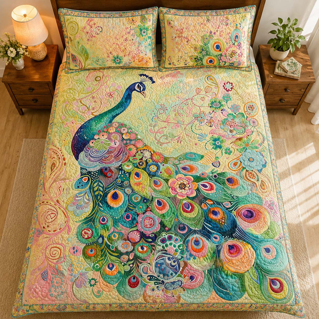 Whimsical Floral Peacock Mosaic Bamboo Quilt Bedding Set