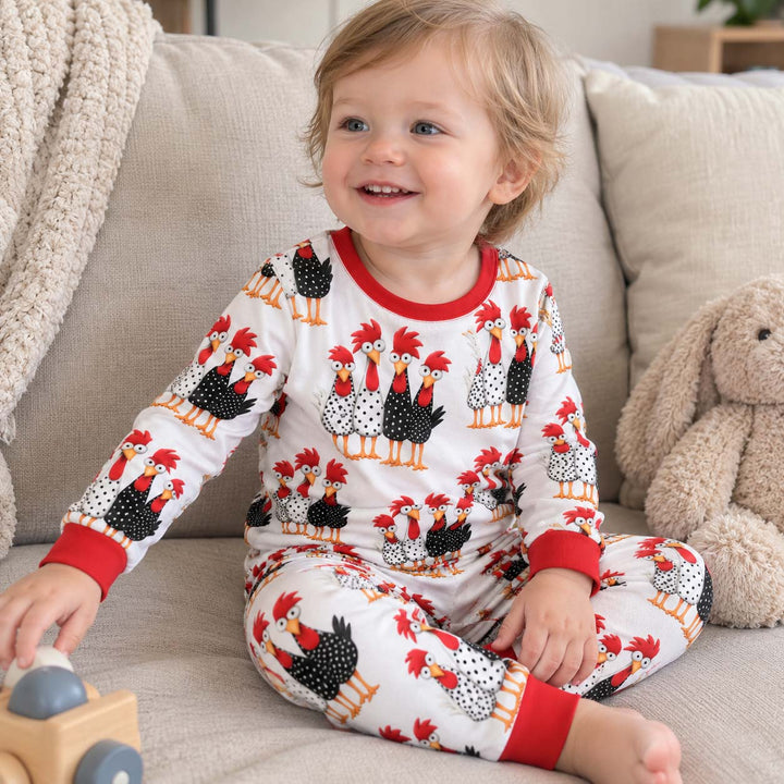 Whimsical Folk Chickens Bamboo Two Piece Long Sleeve Pajama Set