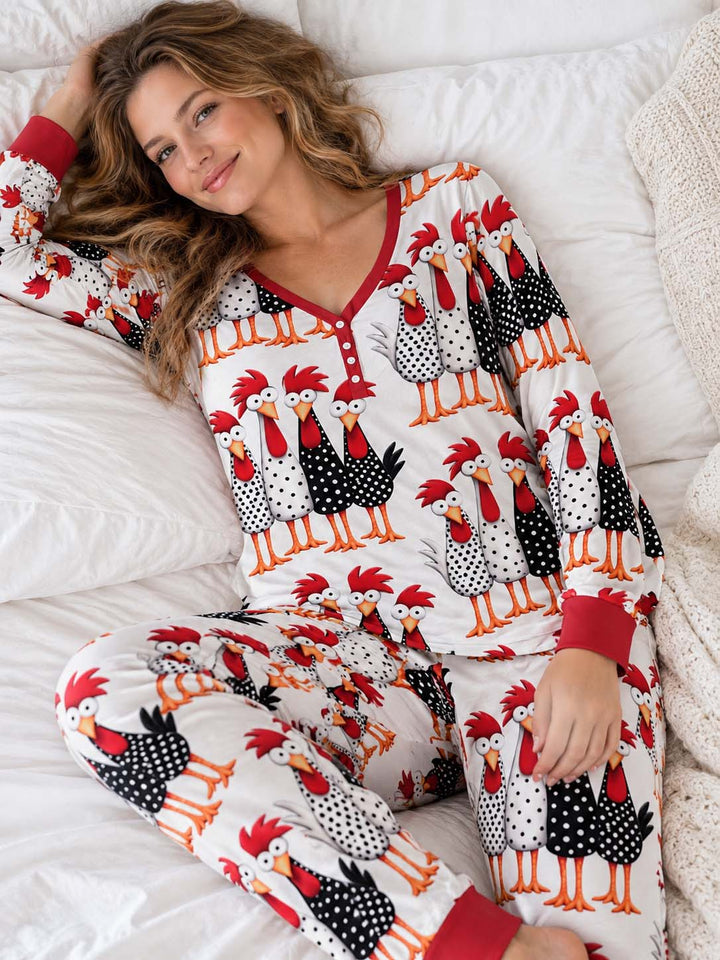 Whimsical Folk Chickens Bamboo Women Pajama Set
