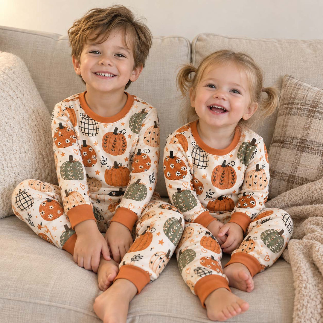 Whimsical Patterned Pumpkins Bamboo Two Piece Long Sleeve Pajama Set