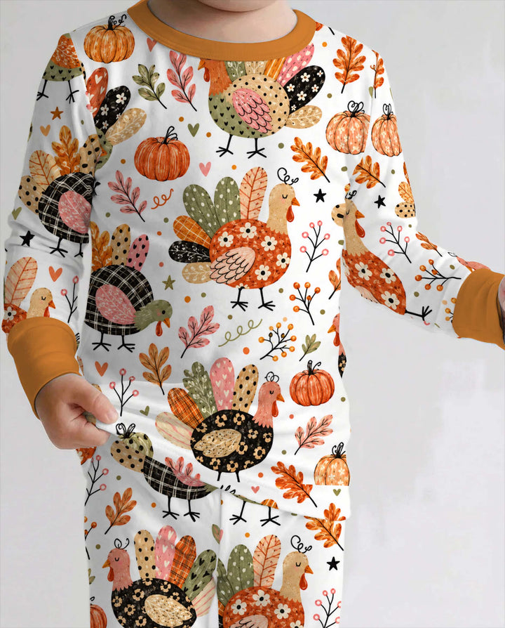 Whimsical Turkey Pumpkin Fall Bamboo Two Piece Long Sleeve Pajama Set