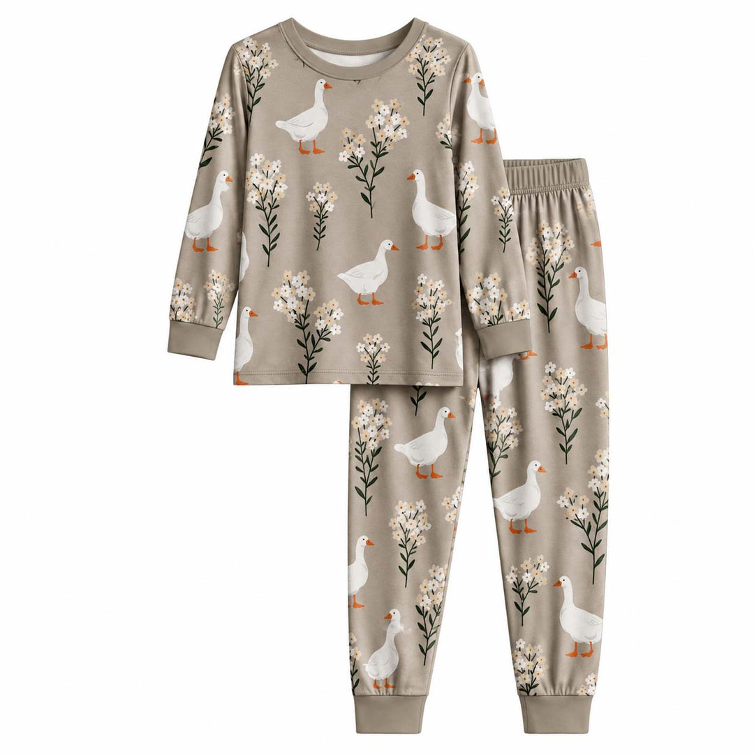 White Ducks and Daisies Bamboo Two Piece Long Sleeve Pajama Set