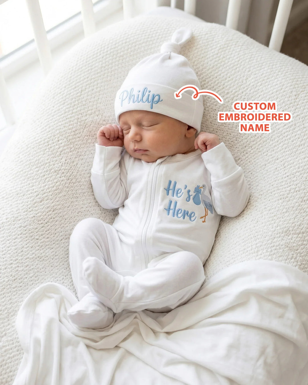 Personalized He's Here Embroidered Bamboo Welcome Home Bundle