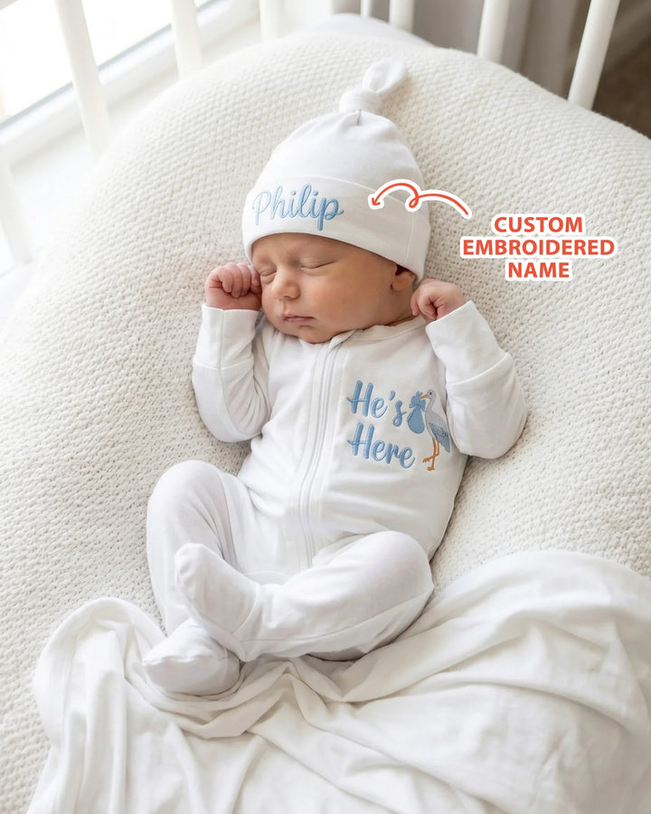 Personalized He's Here Embroidered Bamboo Welcome Home Bundle