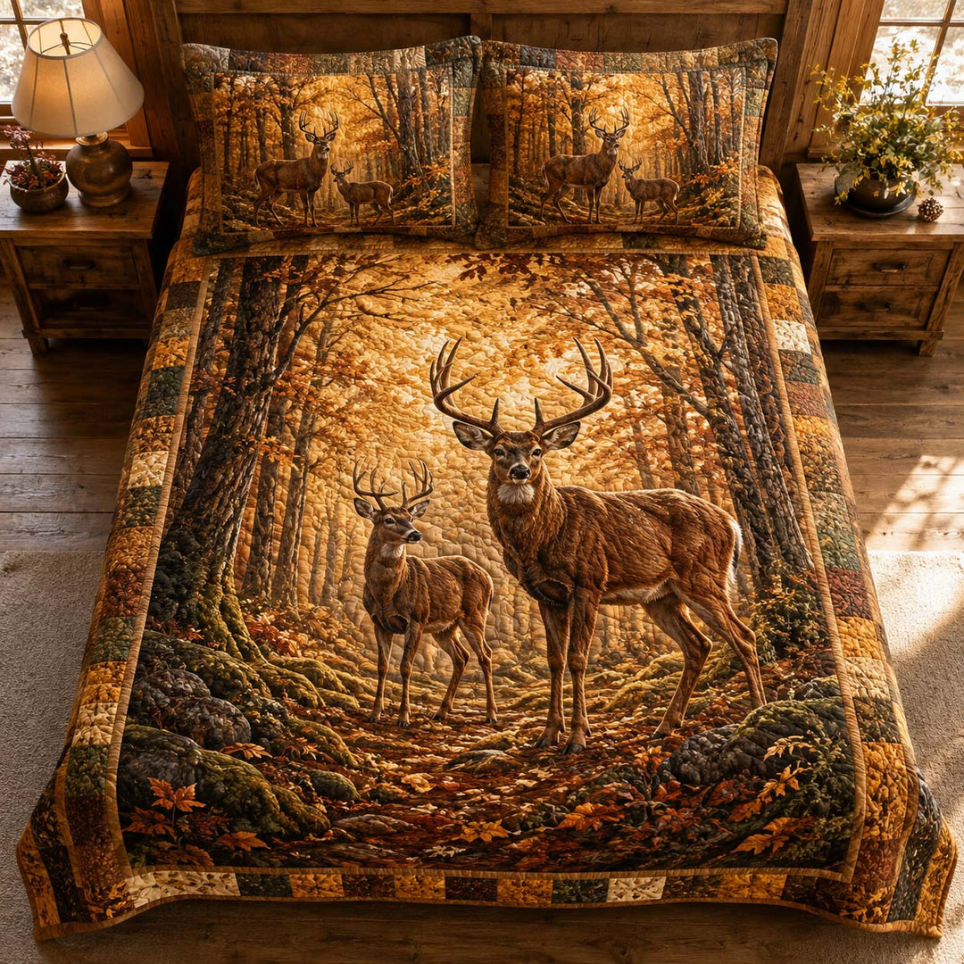 Whitetail Deer Autumn Forest Bamboo Quilt Bedding Set
