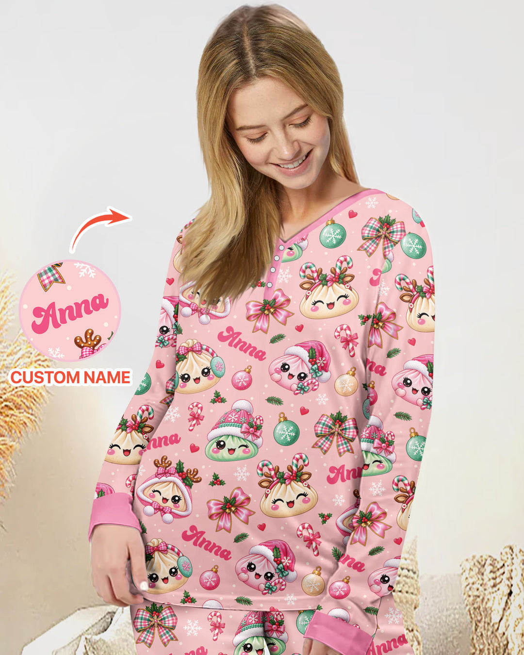 Custom Name Kawaii Christmas Dumpling Bamboo Women Pajama Set