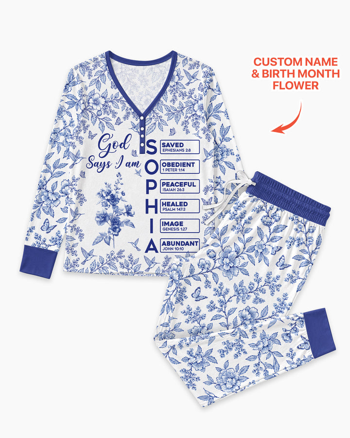 God Says I Am Letter In Bible Birth Flower Toile De Jouy  Bamboo Women Pajama Set