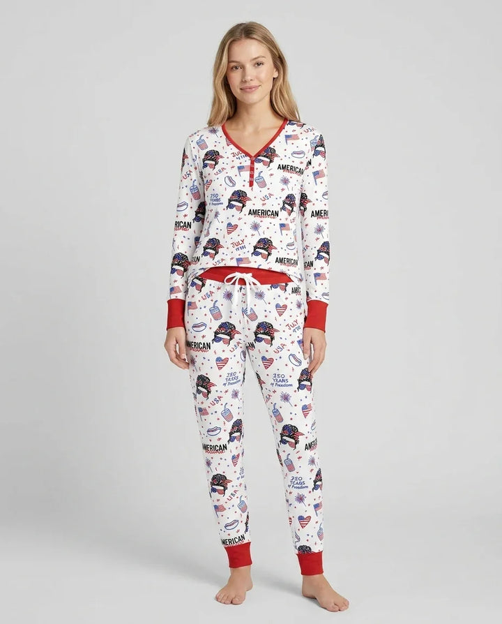 Doodle American Flag Gläser Familie Passender Bambus Damen Schlafanzug-Set