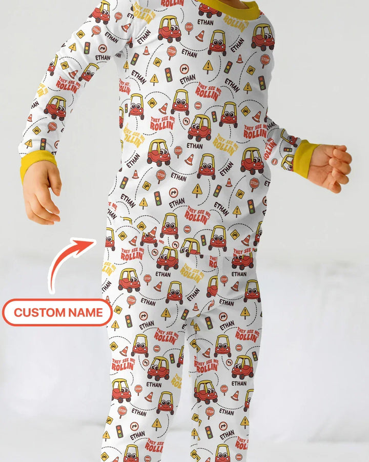 Custom Name They See Me Roliin' Two Piece Long Sleeve Pajama Set , Custom Name They See Me Roliin' Two Piece Long Sleeve Pajama Set - 12-18M