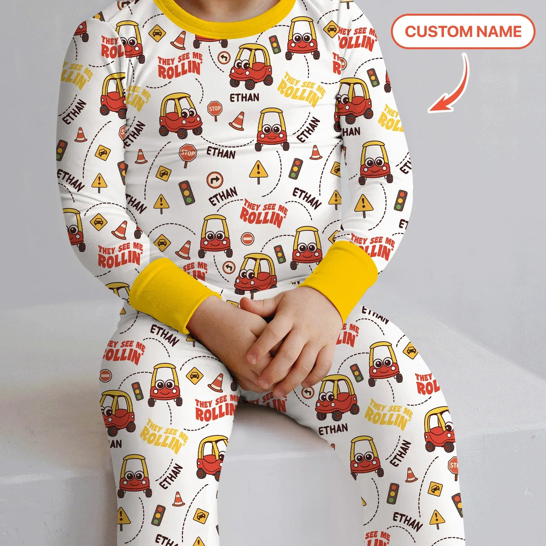 Custom Name They See Me Roliin' Two Piece Long Sleeve Pajama Set , Custom Name They See Me Roliin' Two Piece Long Sleeve Pajama Set - 12-18M