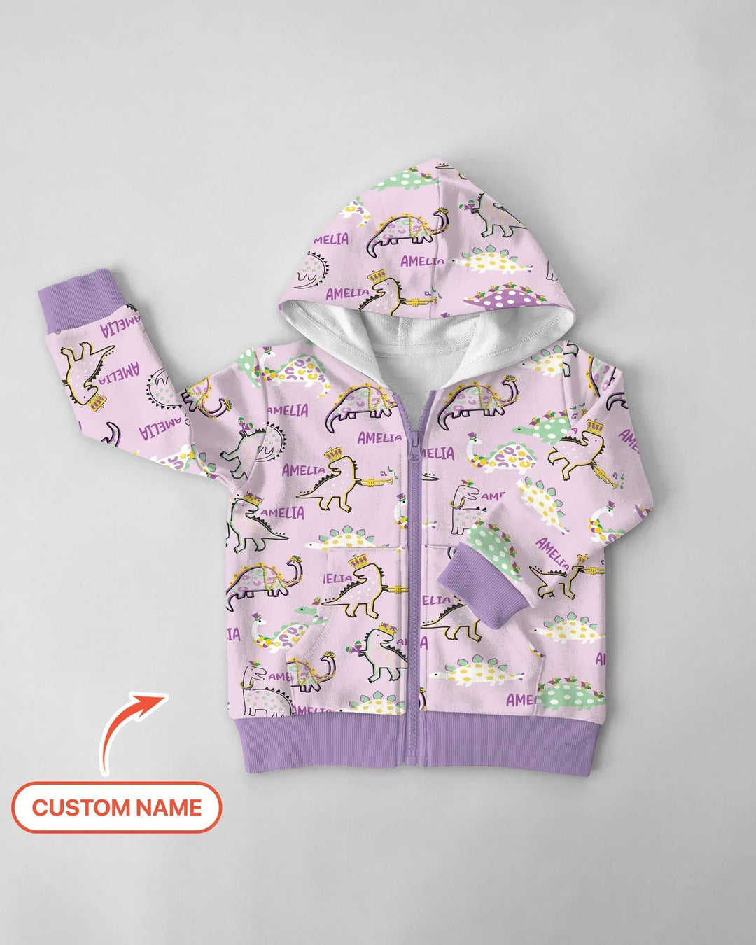 Personalisierter Name Mardi Gras Saurus Kapuzenpullover aus Bambus mit Reißverschluss