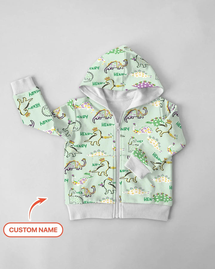 Personalisierter Name Mardi Gras Saurus Kapuzenpullover aus Bambus mit Reißverschluss