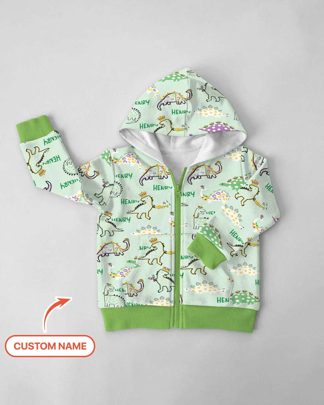 Personalisierter Name Mardi Gras Saurus Kapuzenpullover aus Bambus mit Reißverschluss