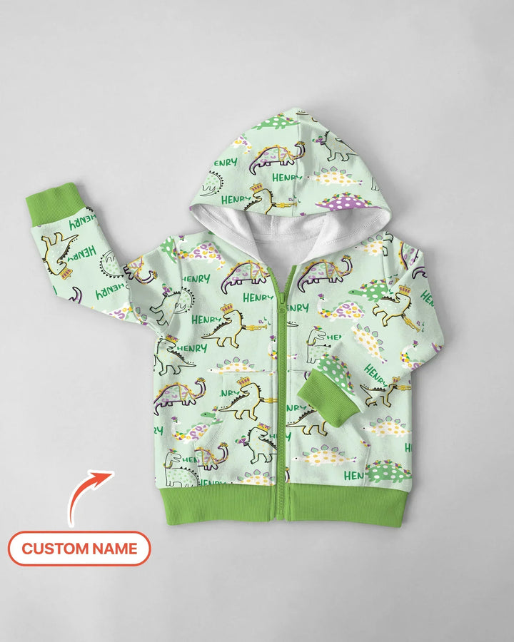 Personalisierter Name Mardi Gras Saurus Kapuzenpullover aus Bambus mit Reißverschluss