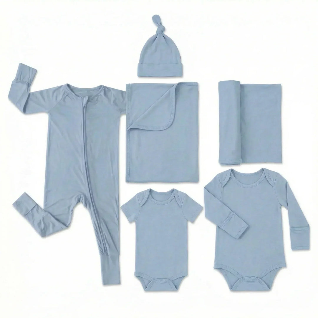 Krankenhaustaschen-Set (langer Strampler mit Reißverschluss + Body langärmlig + Body kurzärmlig + Knotenmütze + Babydecke + Pucktuch)
