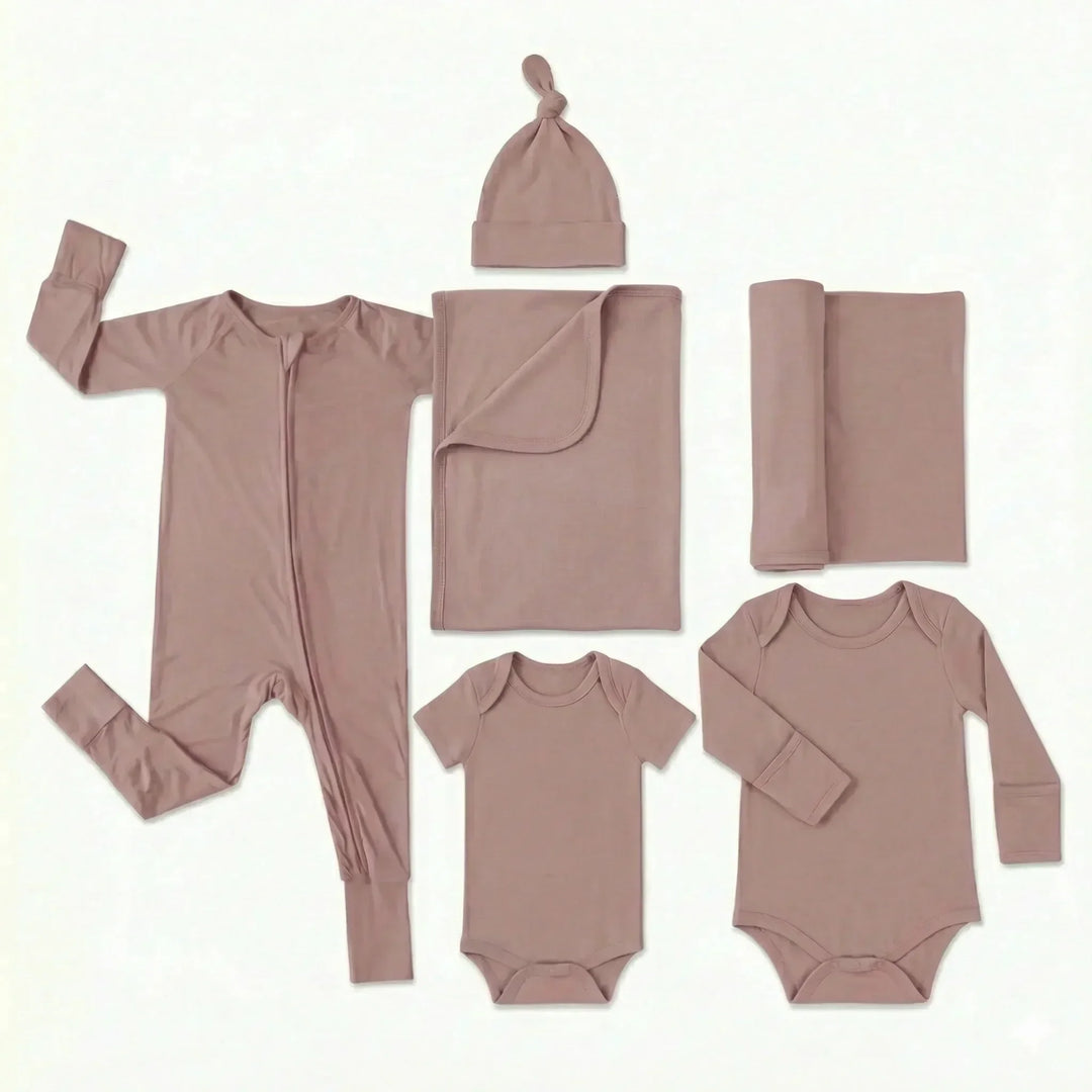 Krankenhaustaschen-Set (langer Strampler mit Reißverschluss + Body langärmlig + Body kurzärmlig + Knotenmütze + Babydecke + Pucktuch)