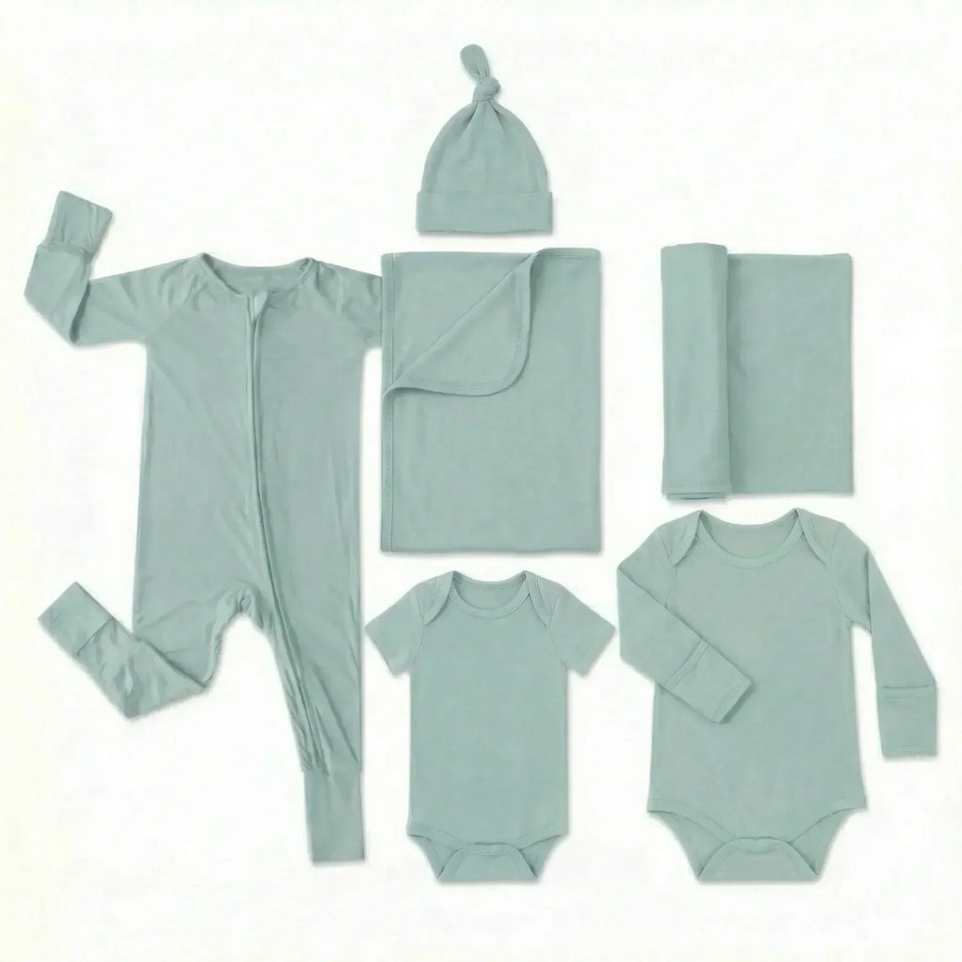Krankenhaustaschen-Set (langer Strampler mit Reißverschluss + Body langärmlig + Body kurzärmlig + Knotenmütze + Babydecke + Pucktuch)