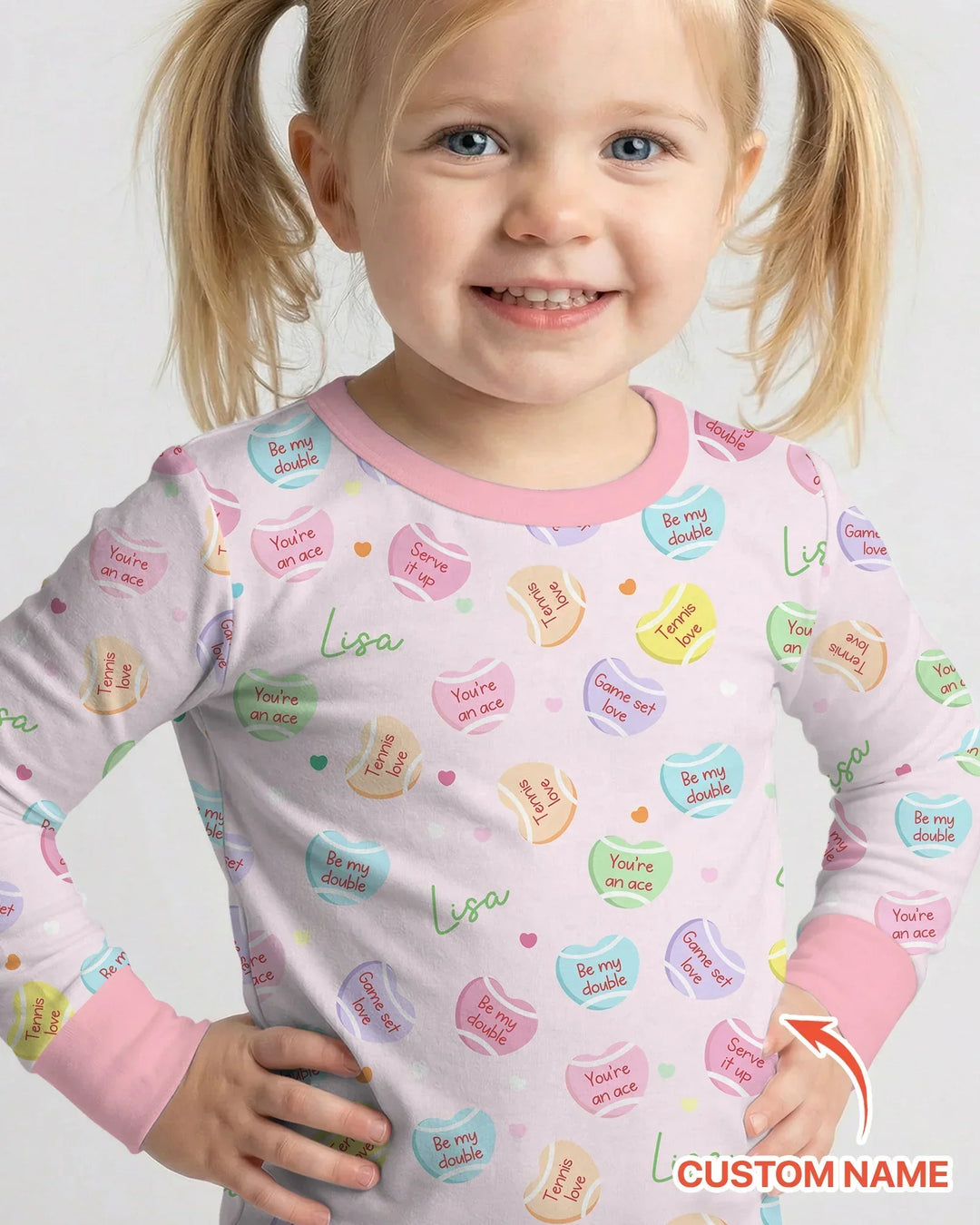 Custom Name Tennis Candy Hearts Bamboo Two Piece Long Sleeve Pajama Set
