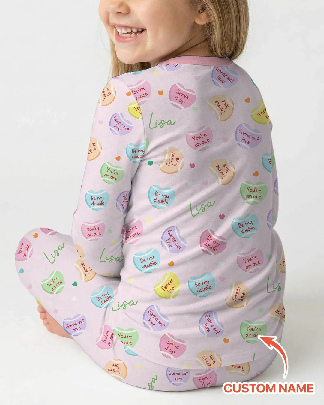 Custom Name Tennis Candy Hearts Bamboo Two Piece Long Sleeve Pajama Set