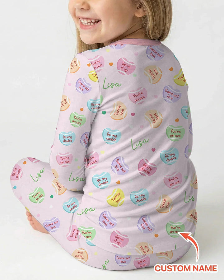 Custom Name Tennis Candy Hearts Bamboo Two Piece Long Sleeve Pajama Set