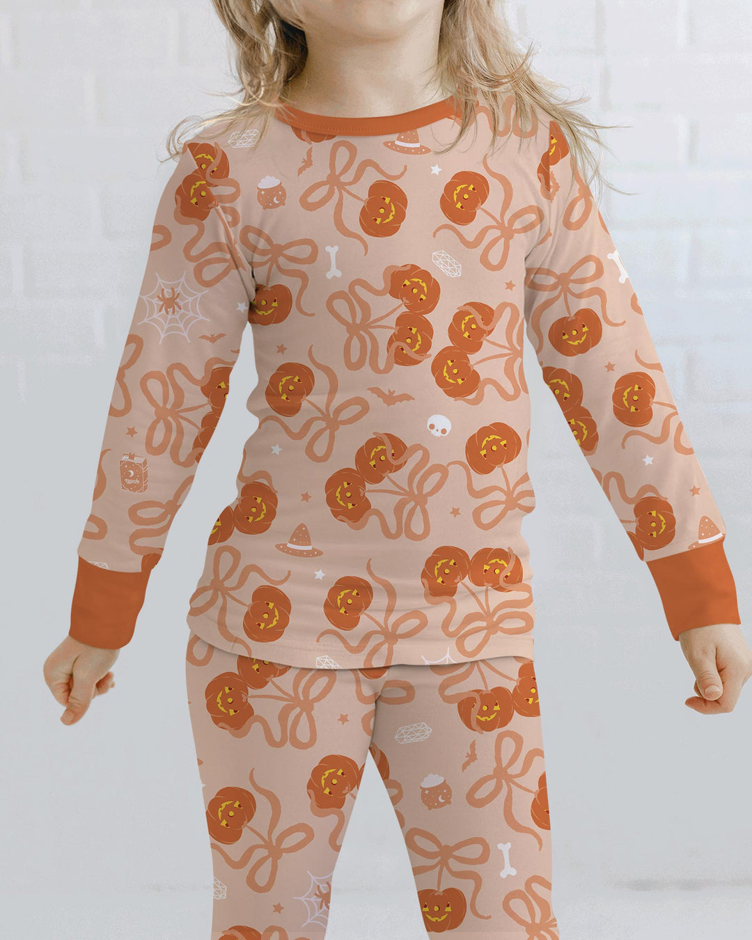 Jack-o'-lantern Coquette Bow Matching Bamboo Two Piece Long Sleeve Pajama Set
