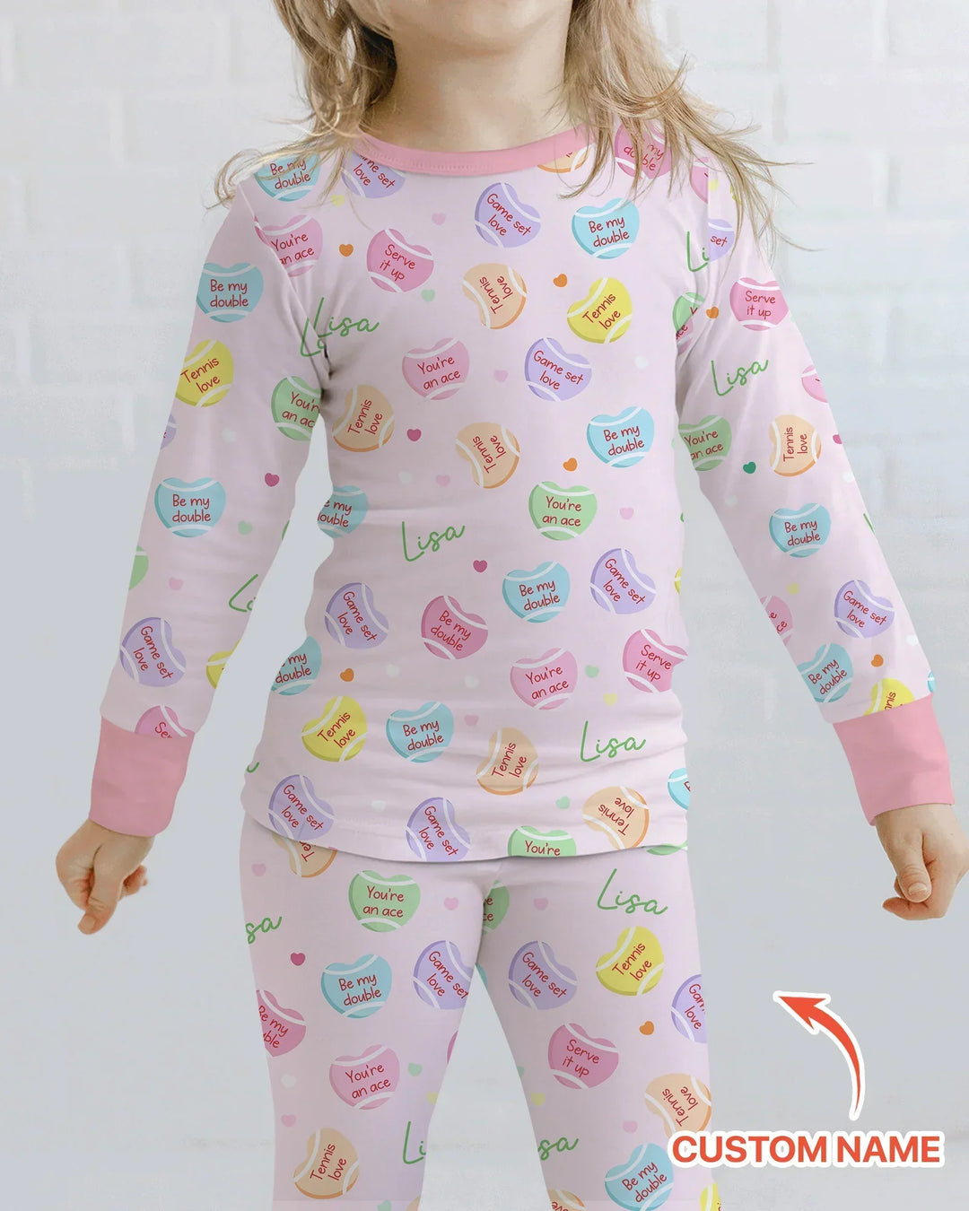 Custom Name Tennis Candy Hearts Bamboo Two Piece Long Sleeve Pajama Set