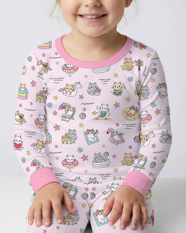 Kawaii Cats Summer Vacation Bamboo Two Piece Long Sleeve Pajama Set