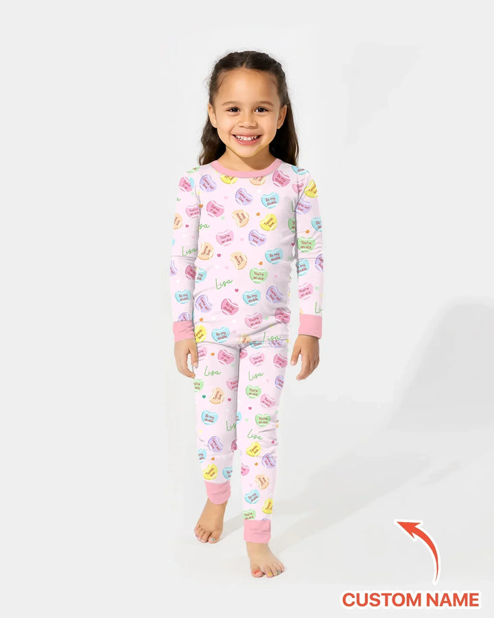 Custom Name Tennis Candy Hearts Bamboo Two Piece Long Sleeve Pajama Set