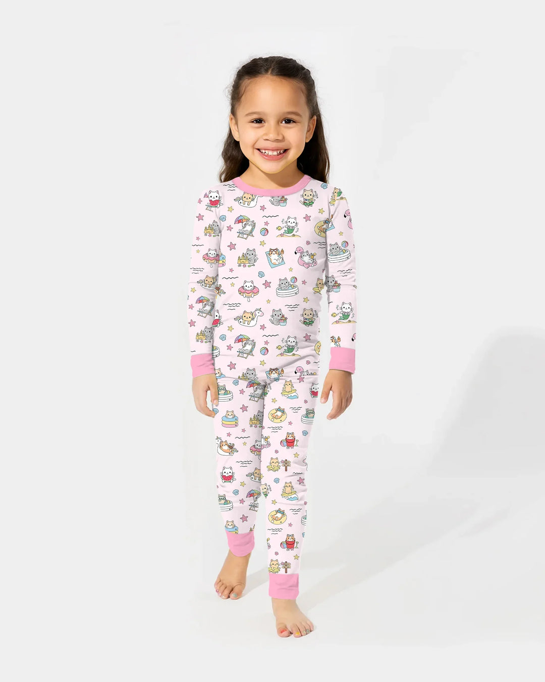Kawaii Cats Summer Vacation Bamboo Two Piece Long Sleeve Pajama Set