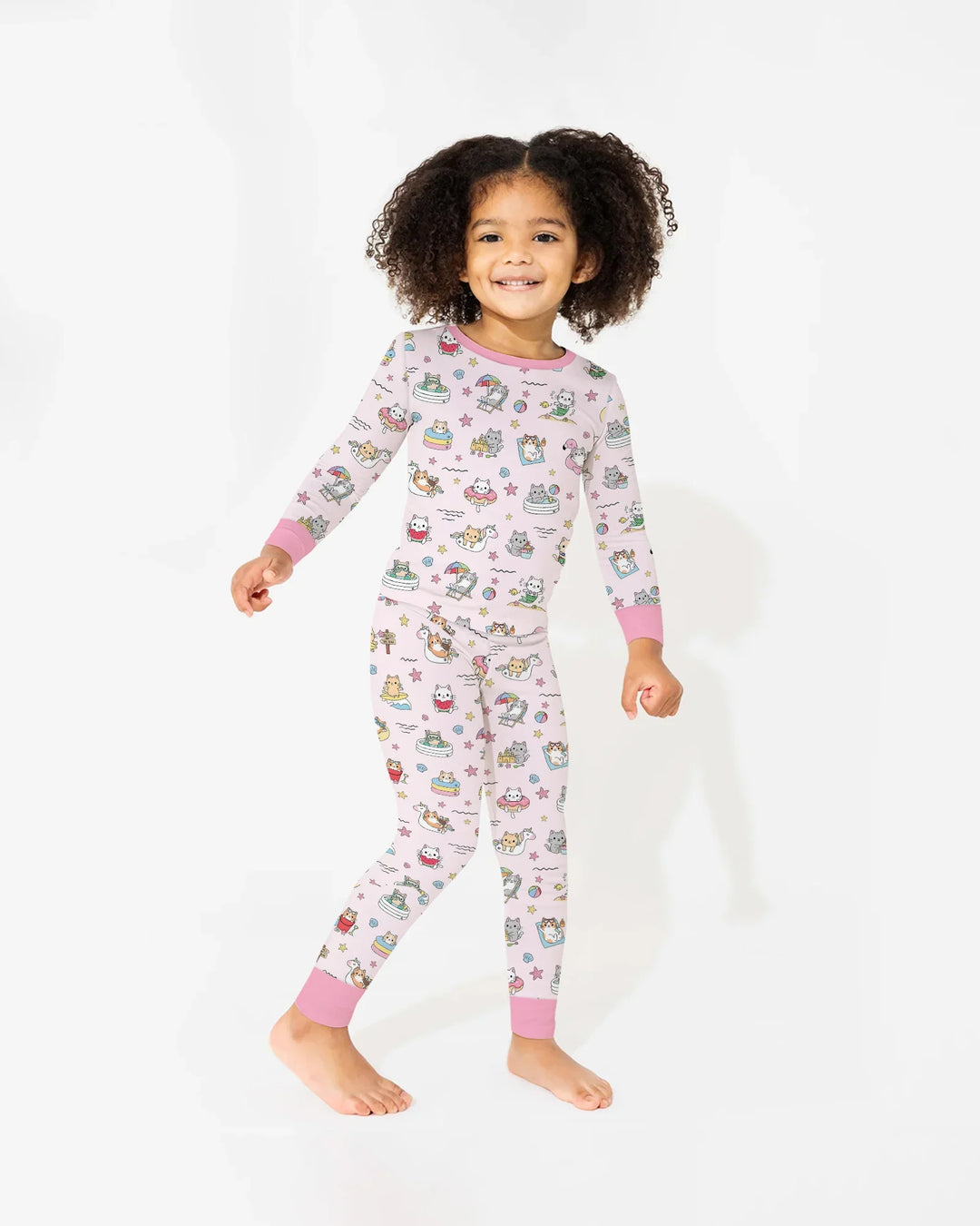 Kawaii Cats Summer Vacation Bamboo Two Piece Long Sleeve Pajama Set