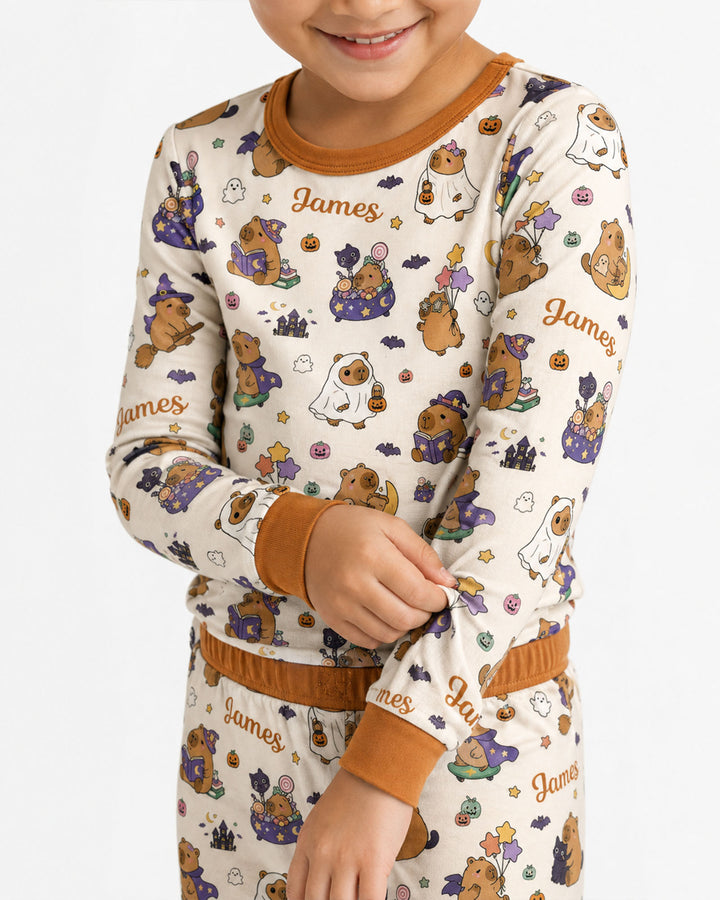 Custom Name Kawaii Halloween Capybara Bamboo Two Piece Long Sleeve Pajama Set