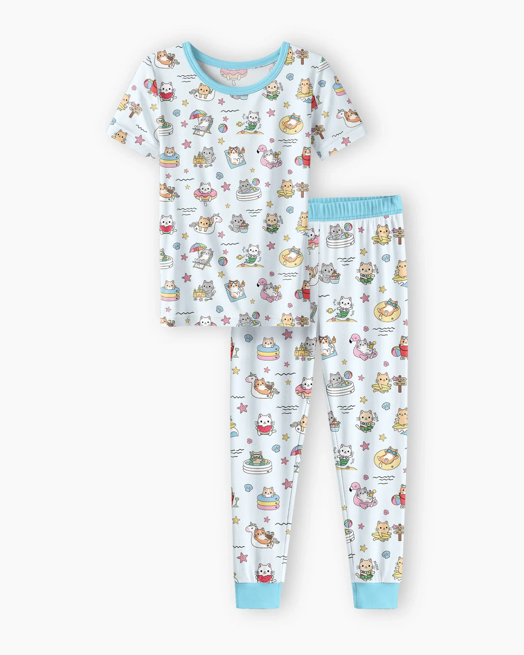 Kawaii Cats Summer Vacation Bamboo Two Piece Short Sleeve Pajama Set