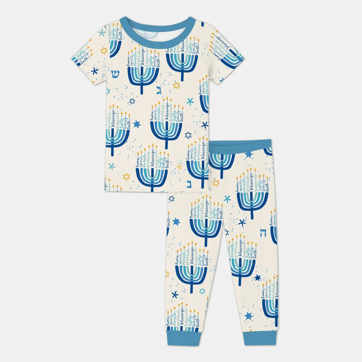 Hannukkah Menorah Family Matching Two Piece Short Sleeve Pajama Set , Hannukkah Menorah Family Matching Two Piece Short Sleeve Pajama Set - 12-18M / Girl