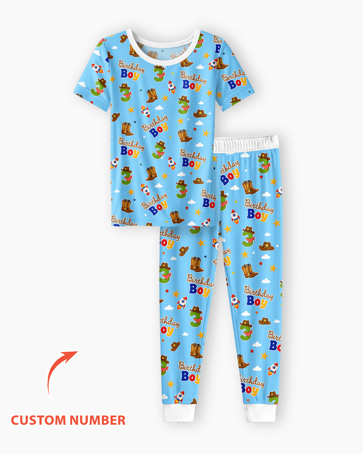 Custom Birthday Western Boy Bamboo Two Piece Short Sleeve Pajama Set