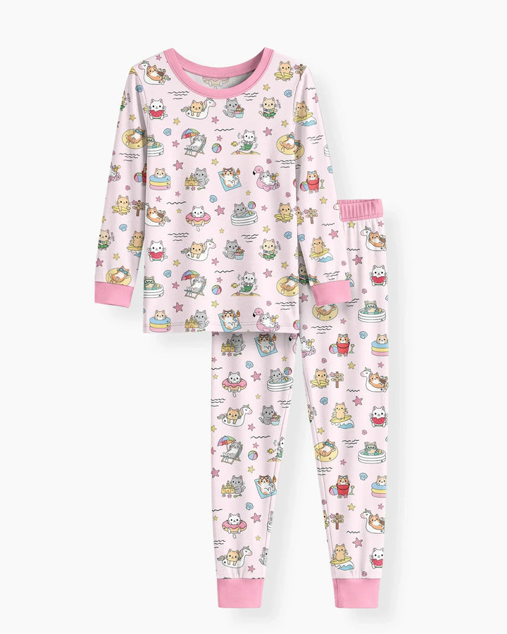 Kawaii Cats Summer Vacation Bamboo Two Piece Long Sleeve Pajama Set