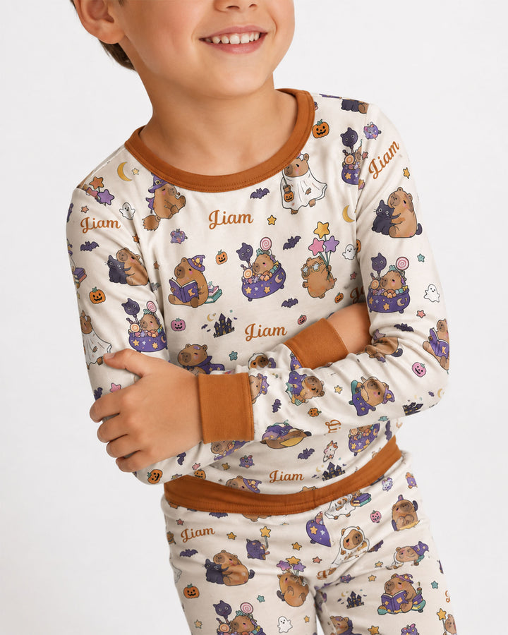 Custom Name Kawaii Halloween Capybara Bamboo Two Piece Long Sleeve Pajama Set