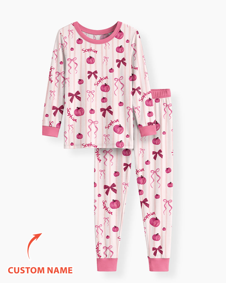 Custom Name Coquette Pumpkin Bow Fall Bamboo Two Piece Long Sleeve Pajama Set